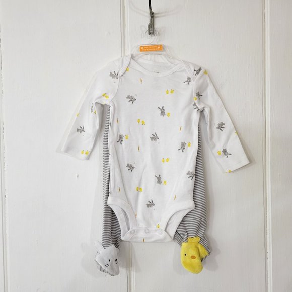 Just One You Baby One Piece and Pants Set Gray with Bunnies and Chicks New - Picture 3 of 4